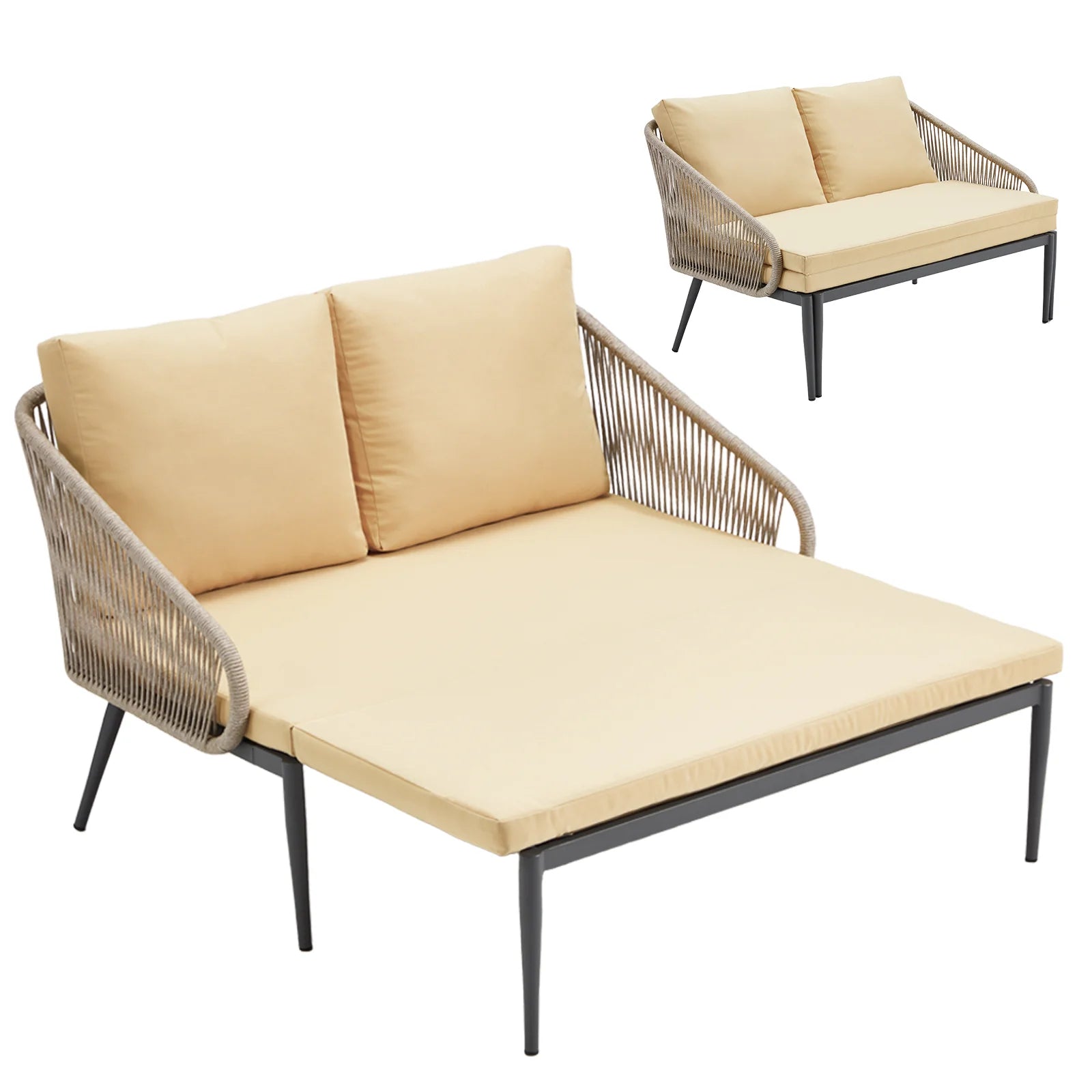 AECOJOY Outdoor Double Chaise Lounge Chair, Convertible Patio Loveseat Sofa Couch with Cushions