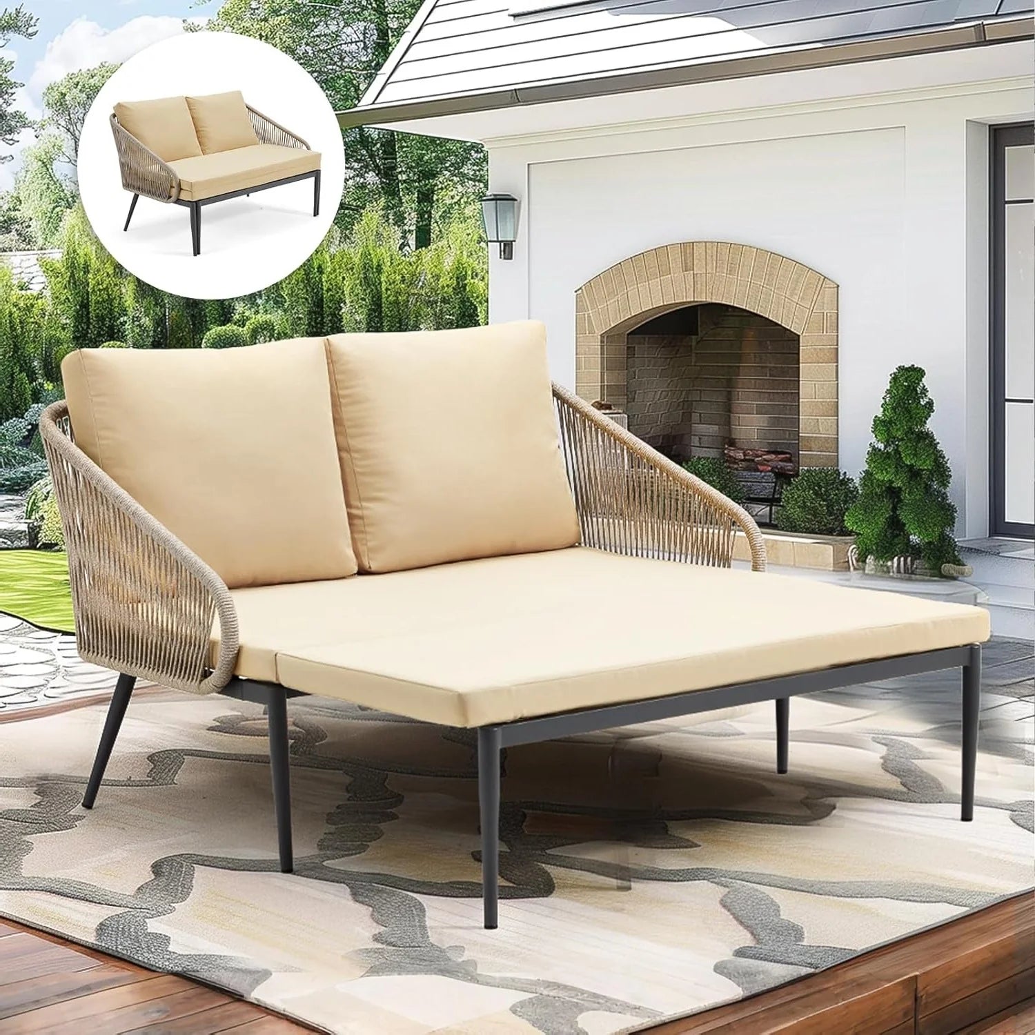 AECOJOY Outdoor Double Chaise Lounge Chair, Convertible Patio Loveseat Sofa Couch with Cushions