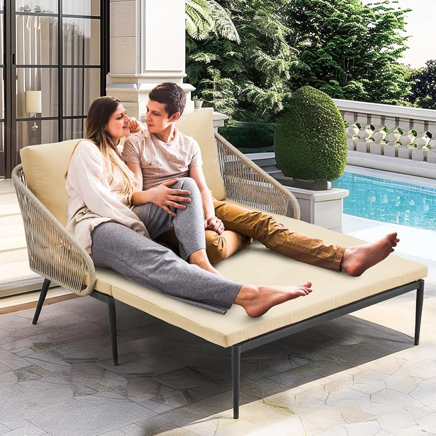 AECOJOY Outdoor Double Chaise Lounge Chair, Convertible Patio Loveseat Sofa Couch with Cushions