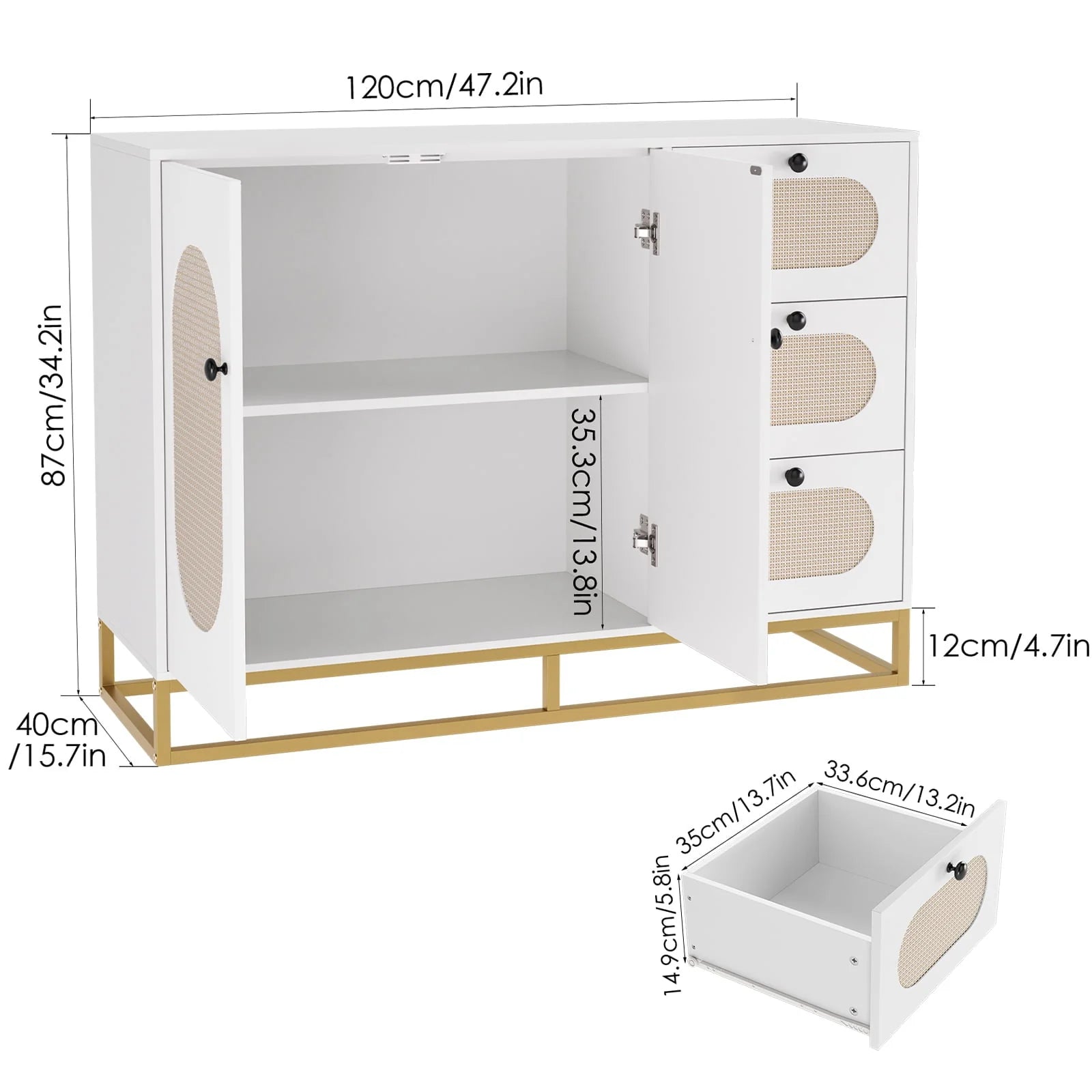 Homfa 3 Drawers Accent Storage Cabinet, 34.2"h Gold Buffet Sideboard with Rattan Doors for Living Room, White