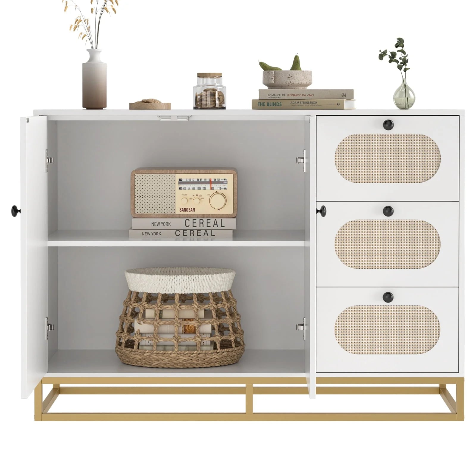 Homfa 3 Drawers Accent Storage Cabinet, 34.2"h Gold Buffet Sideboard with Rattan Doors for Living Room, White