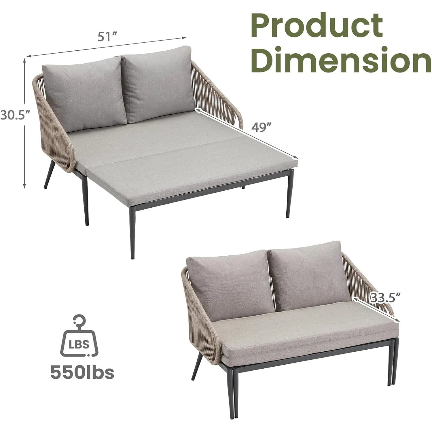 AECOJOY Outdoor Double Chaise Lounge Chair, Convertible Patio Loveseat Sofa Couch with Cushions