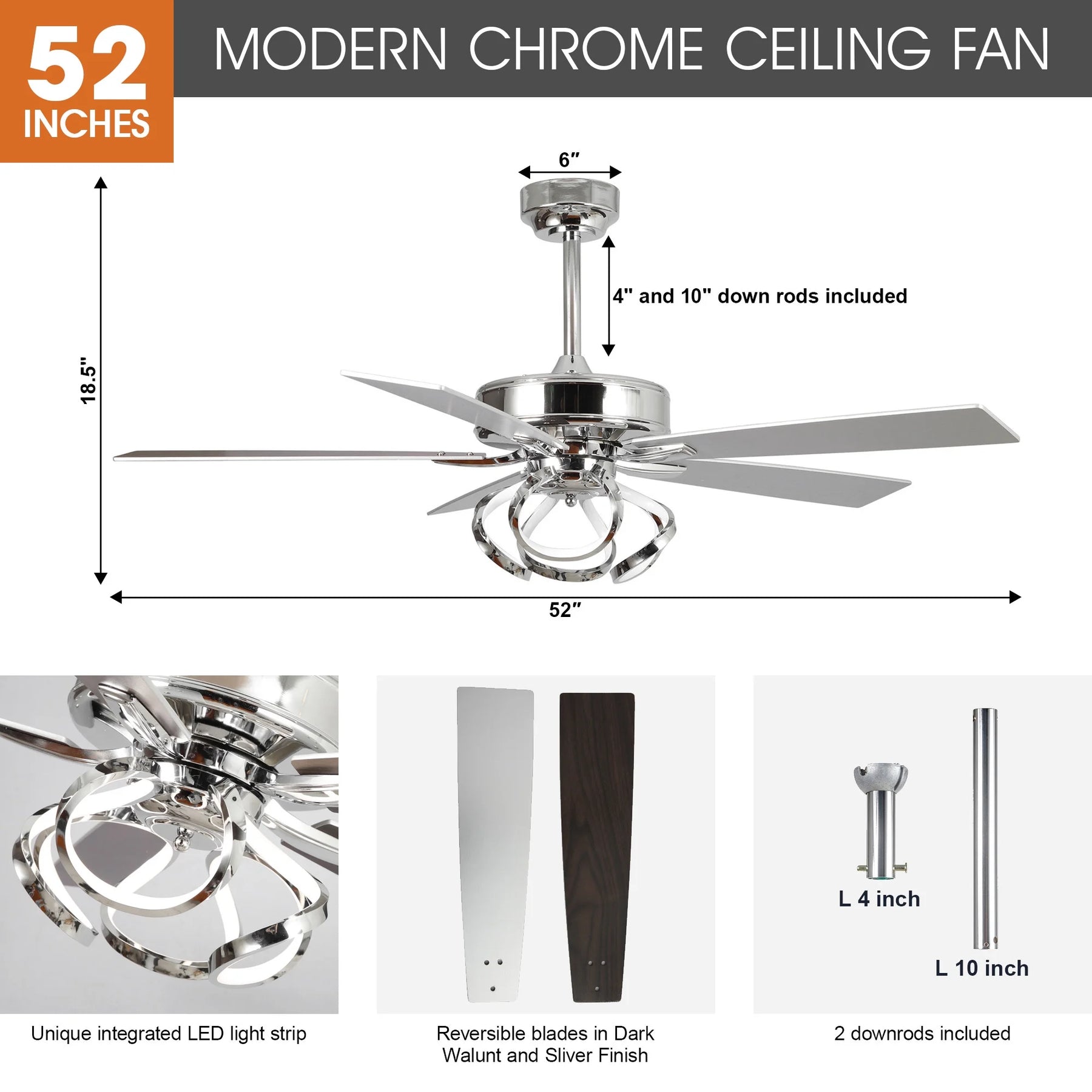 Parrot Uncle 52 - Inch Contemporary Chrome Ceiling Fan with Integrated LED Lights and Remote Control