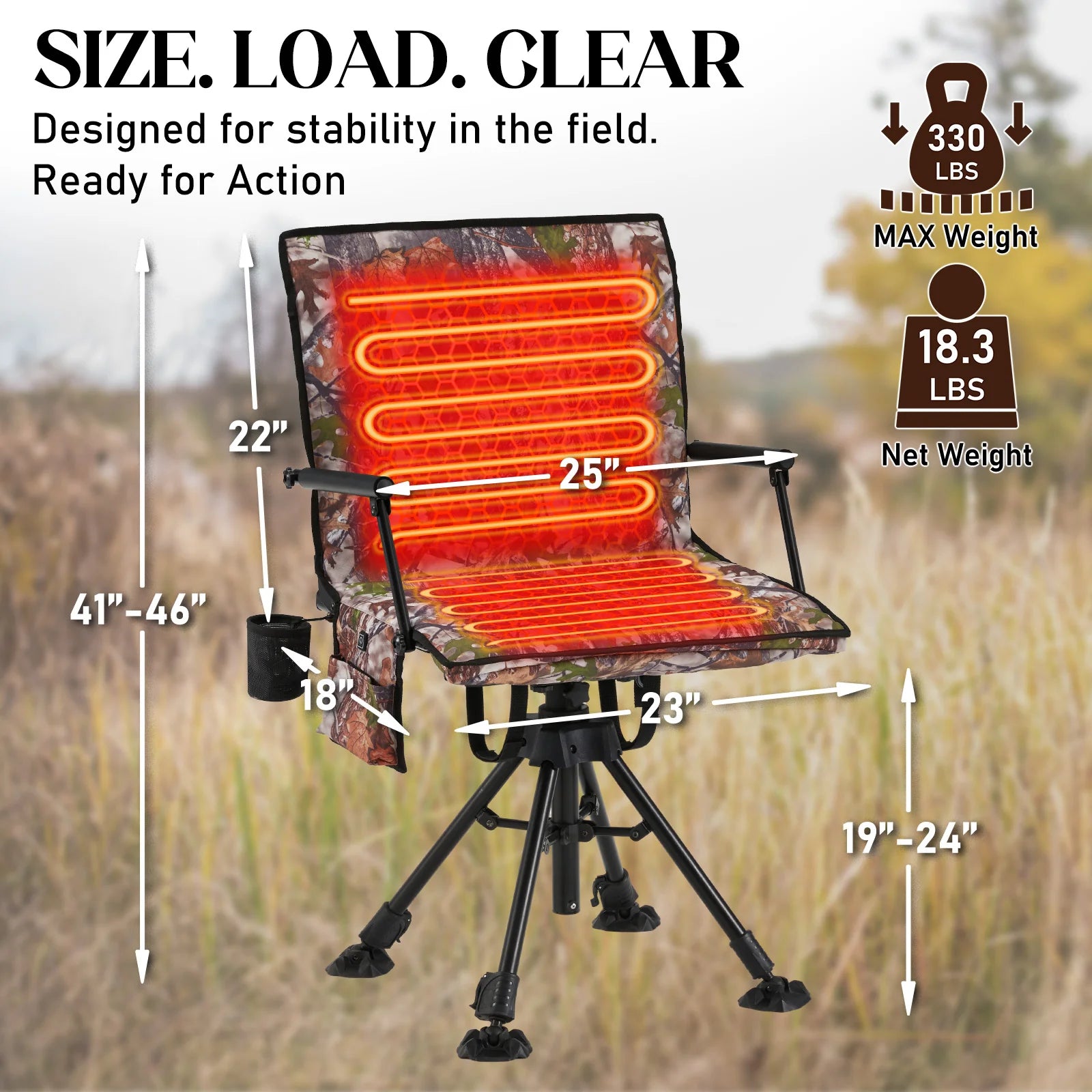 AECOJOY Heated Hunting Blind Chair, 360°Silent Swivel, Integrated Warm Seat System