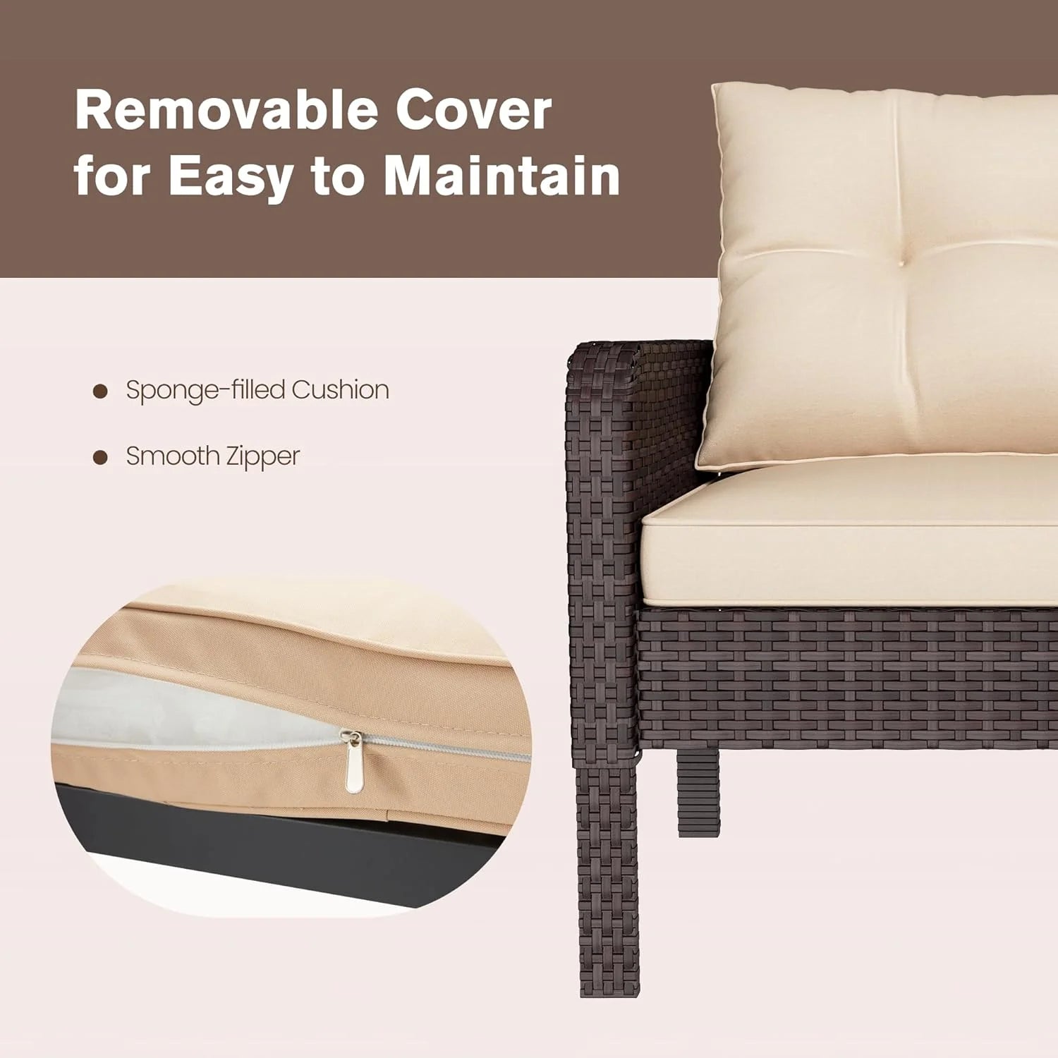 AECOJOY Outdoor 5 Pieces Patio Furniture Set, PE Rattan Wicker Chairs with Ottoman and Table, Brown/Beige