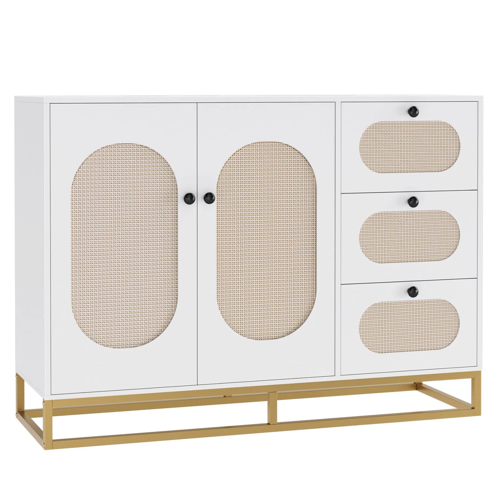 Homfa 3 Drawers Accent Storage Cabinet, 34.2"h Gold Buffet Sideboard with Rattan Doors for Living Room, White