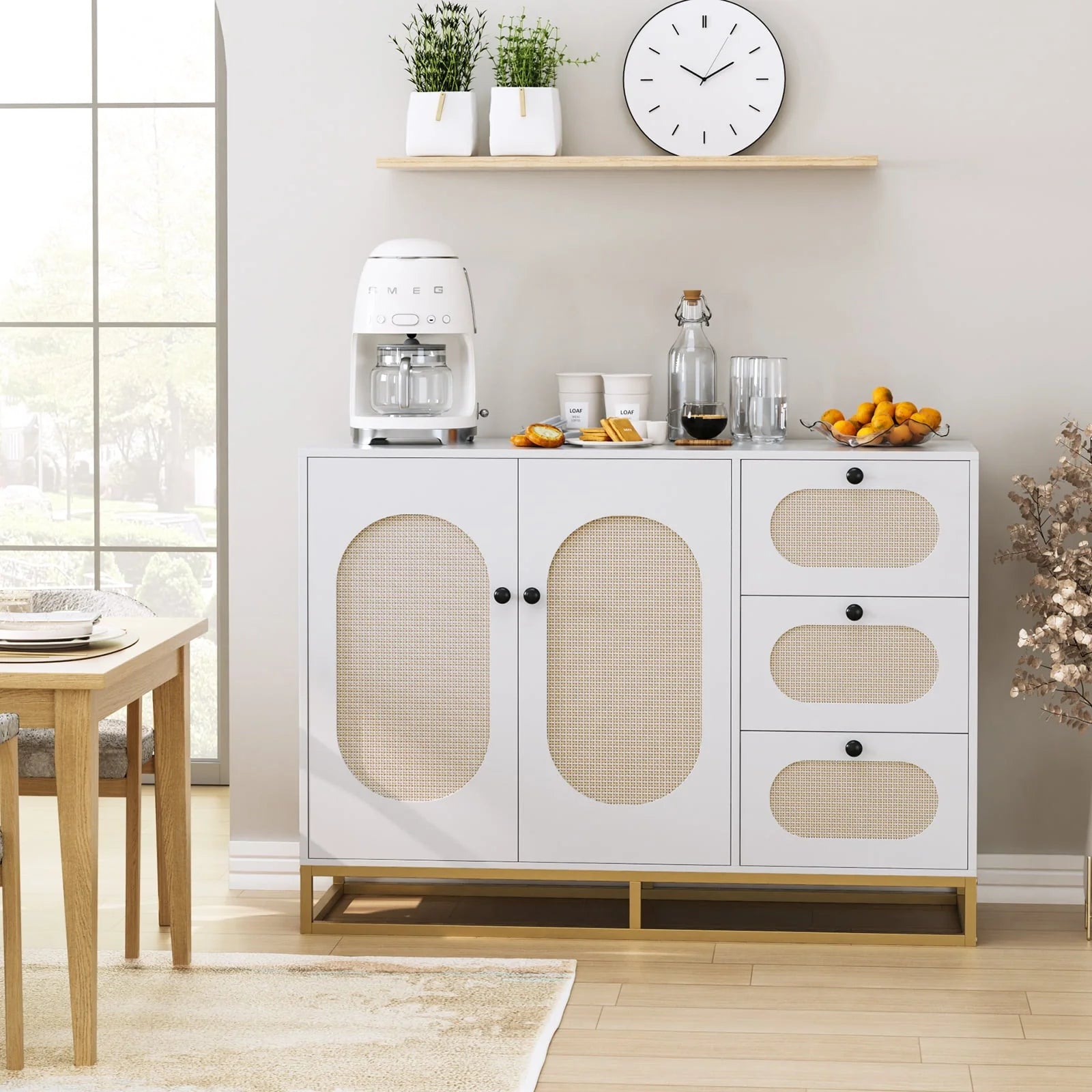 Homfa 3 Drawers Accent Storage Cabinet, 34.2"h Gold Buffet Sideboard with Rattan Doors for Living Room, White