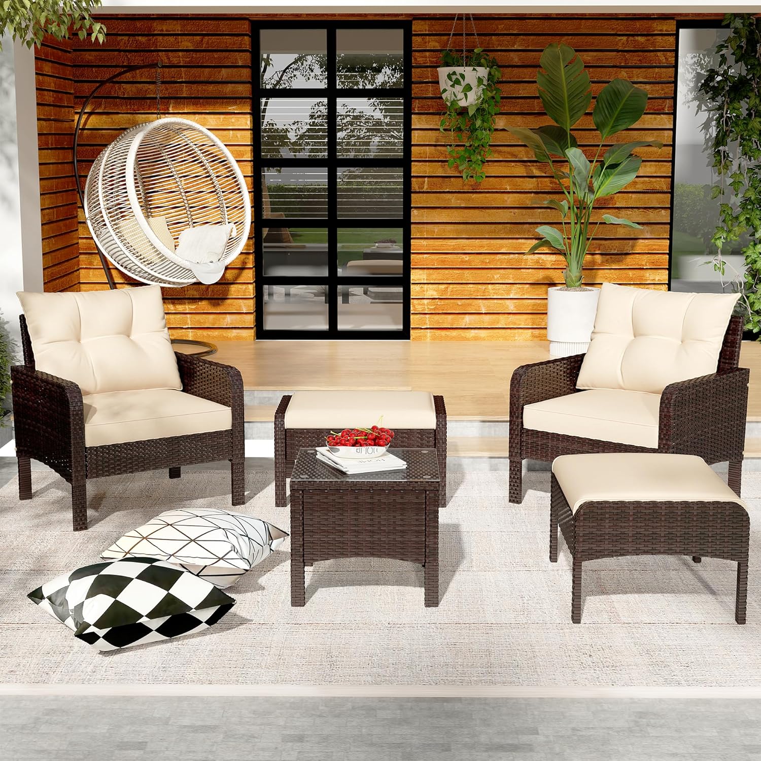 AECOJOY Outdoor 5 Pieces Patio Furniture Set, PE Rattan Wicker Chairs with Ottoman and Table, Brown/Beige