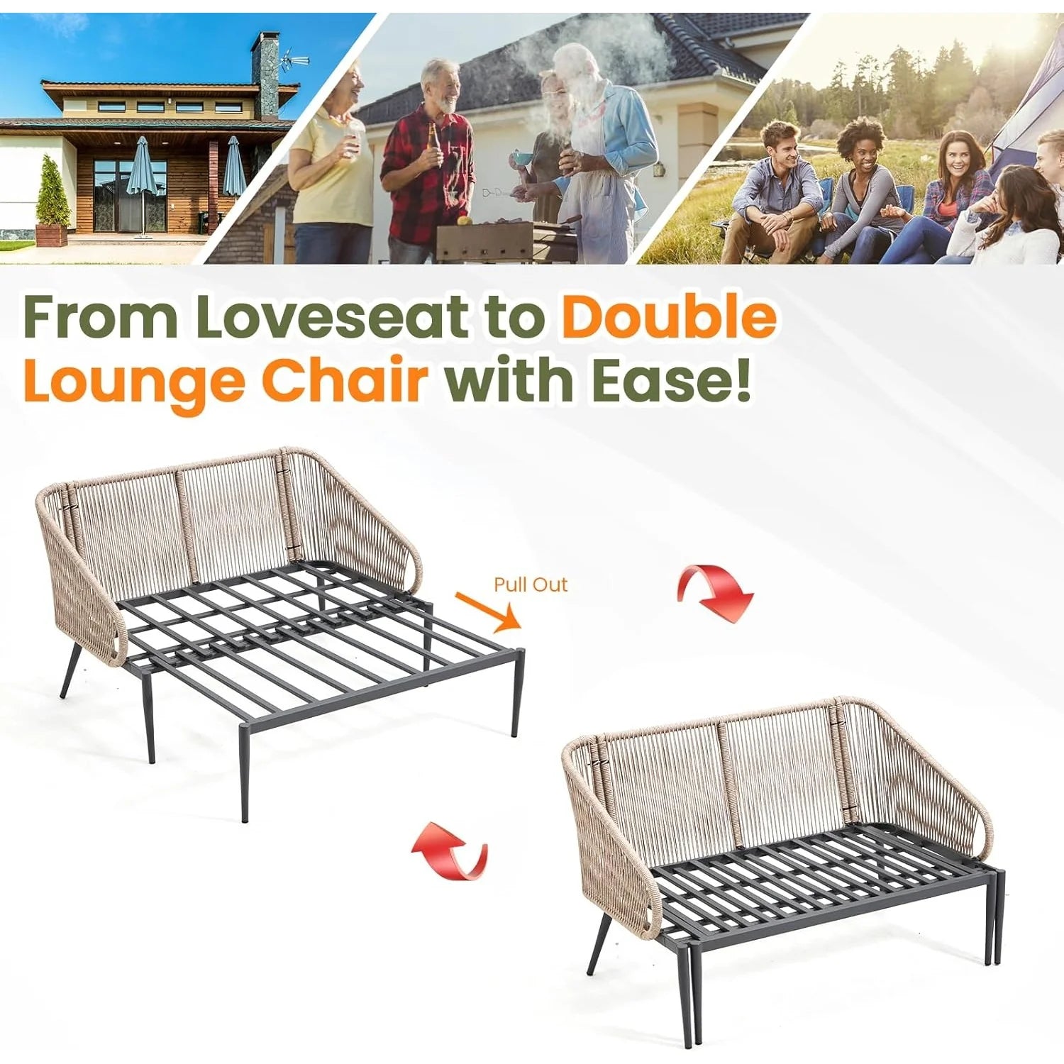 AECOJOY Outdoor Double Chaise Lounge Chair, Convertible Patio Loveseat Sofa Couch with Cushions