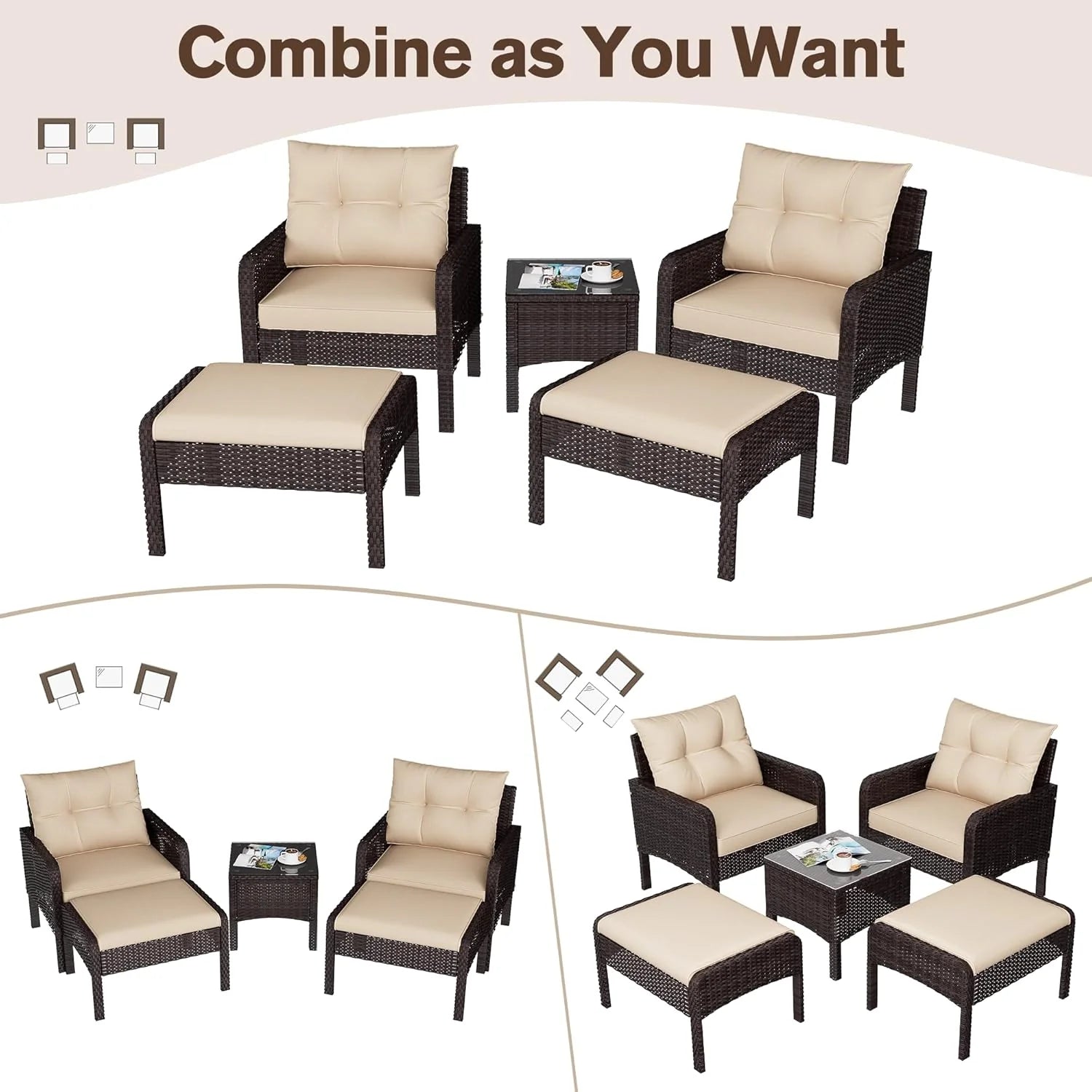 AECOJOY Outdoor 5 Pieces Patio Furniture Set, PE Rattan Wicker Chairs with Ottoman and Table, Brown/Beige