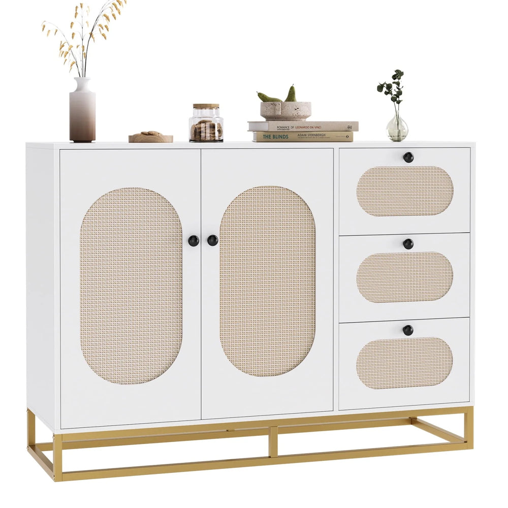 Homfa 3 Drawers Accent Storage Cabinet, 34.2"h Gold Buffet Sideboard with Rattan Doors for Living Room, White