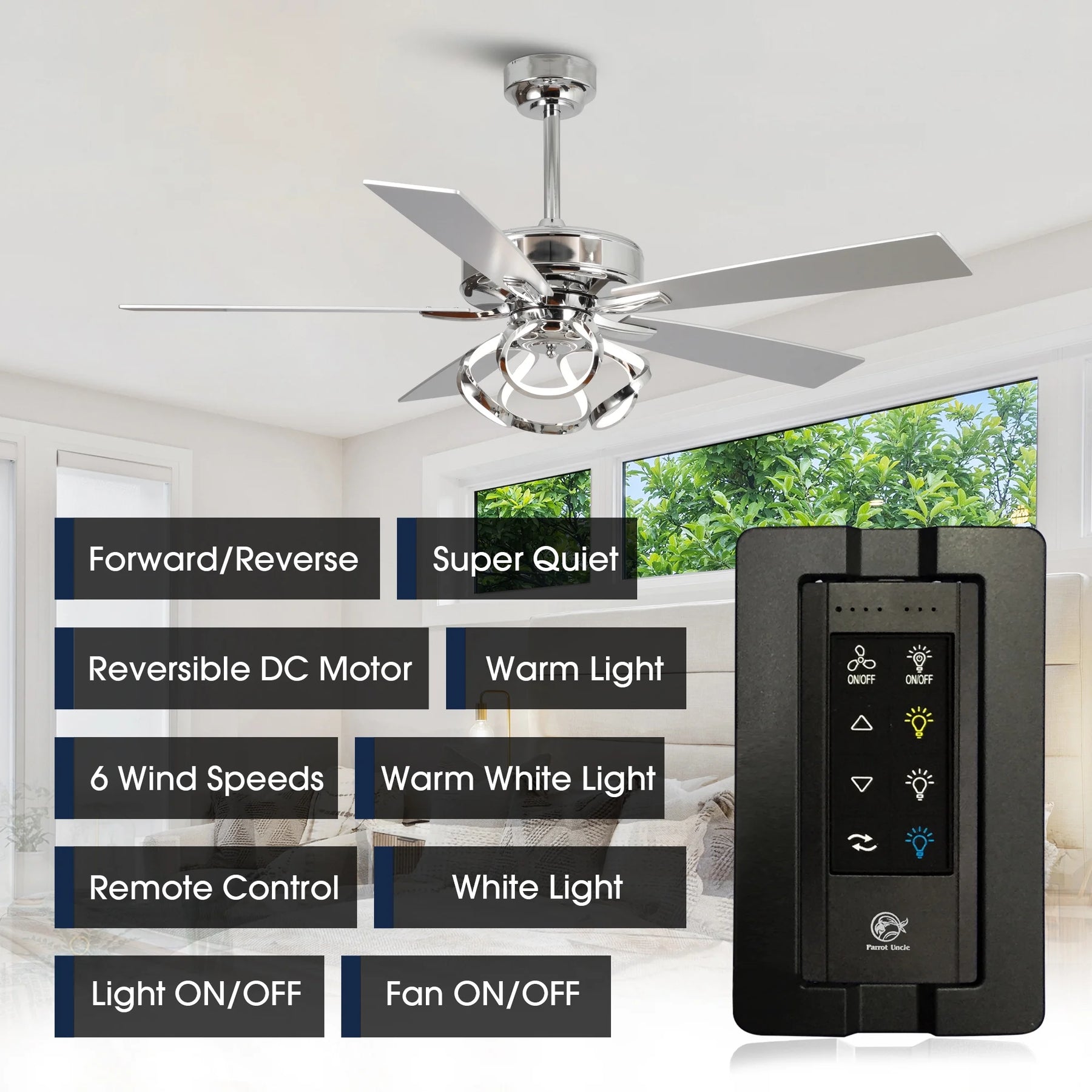 Parrot Uncle 52 - Inch Contemporary Chrome Ceiling Fan with Integrated LED Lights and Remote Control