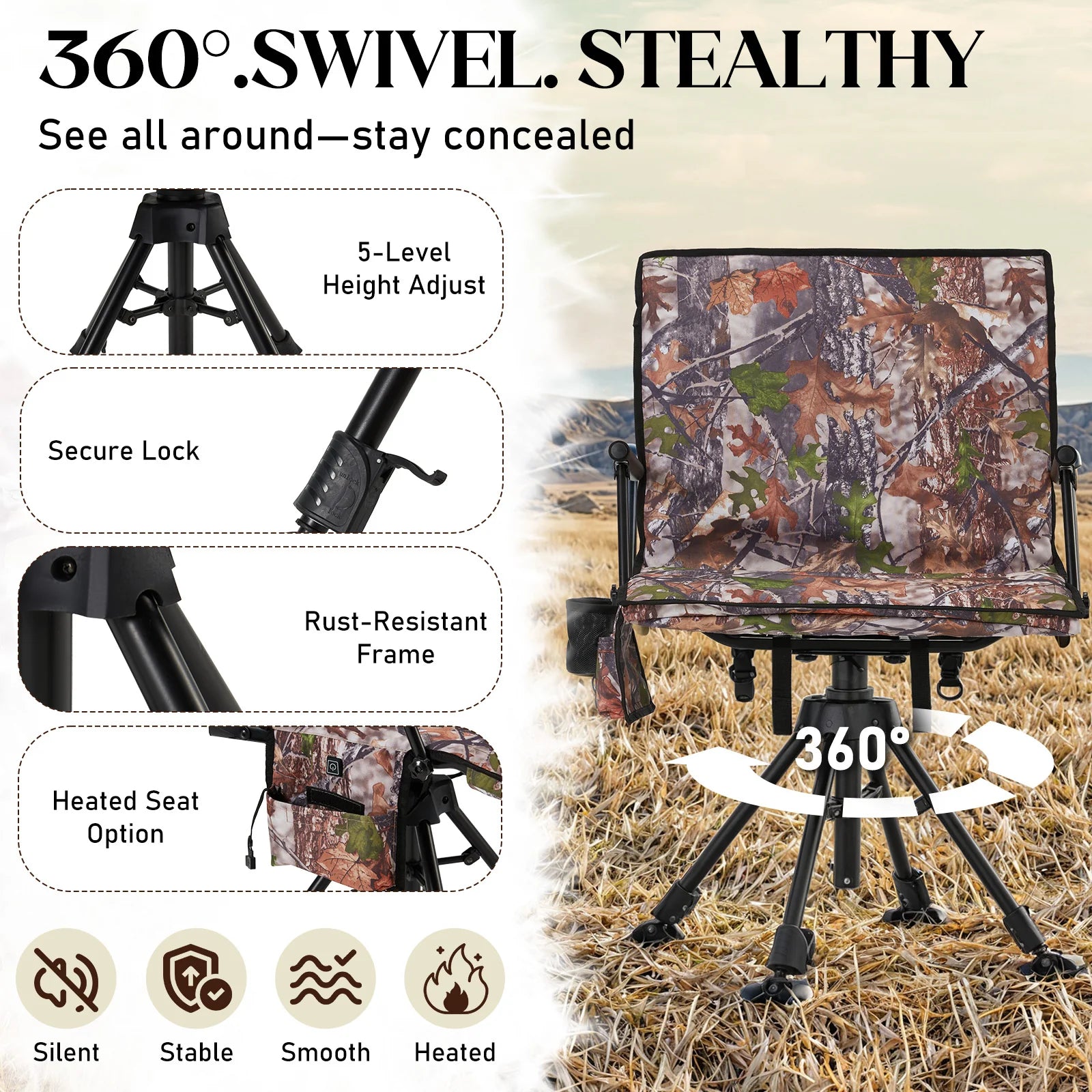 AECOJOY Heated Hunting Blind Chair, 360°Silent Swivel, Integrated Warm Seat System