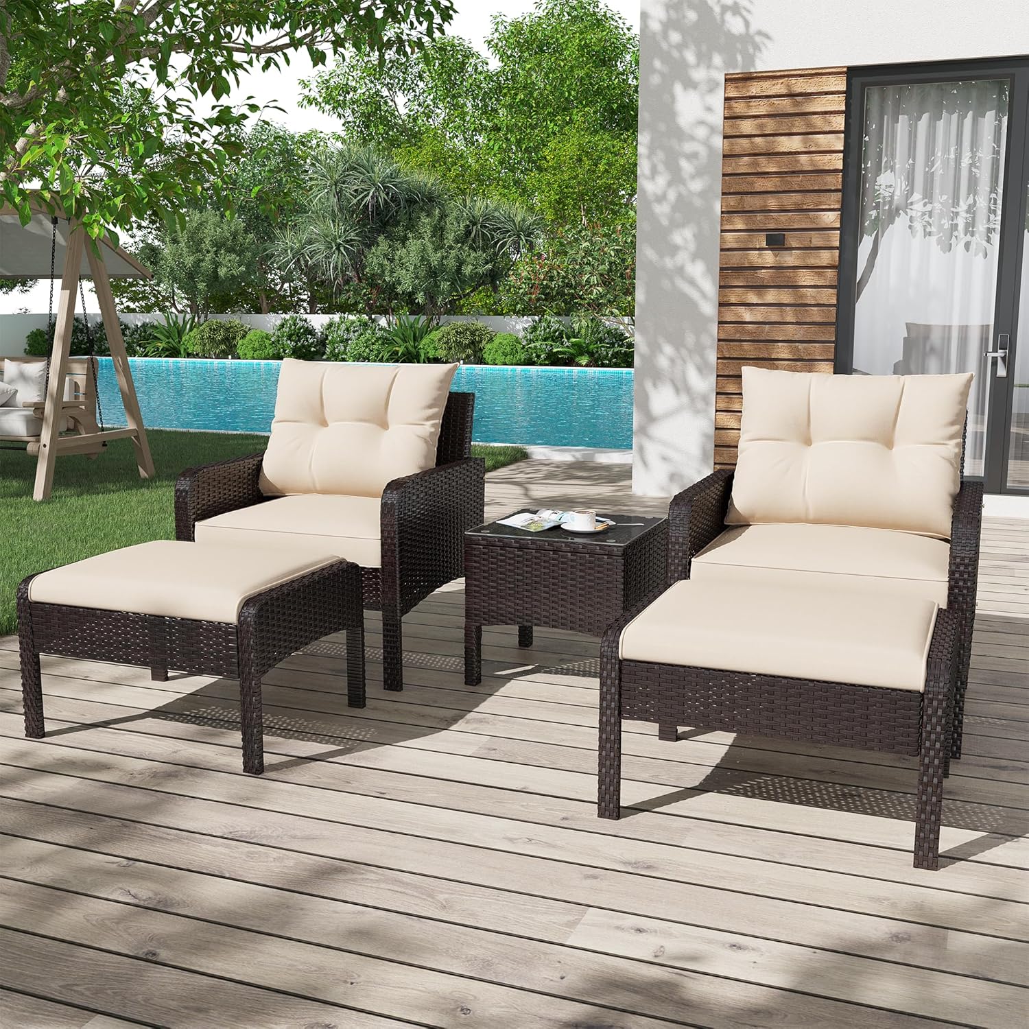 AECOJOY Outdoor 5 Pieces Patio Furniture Set, PE Rattan Wicker Chairs with Ottoman and Table, Brown/Beige