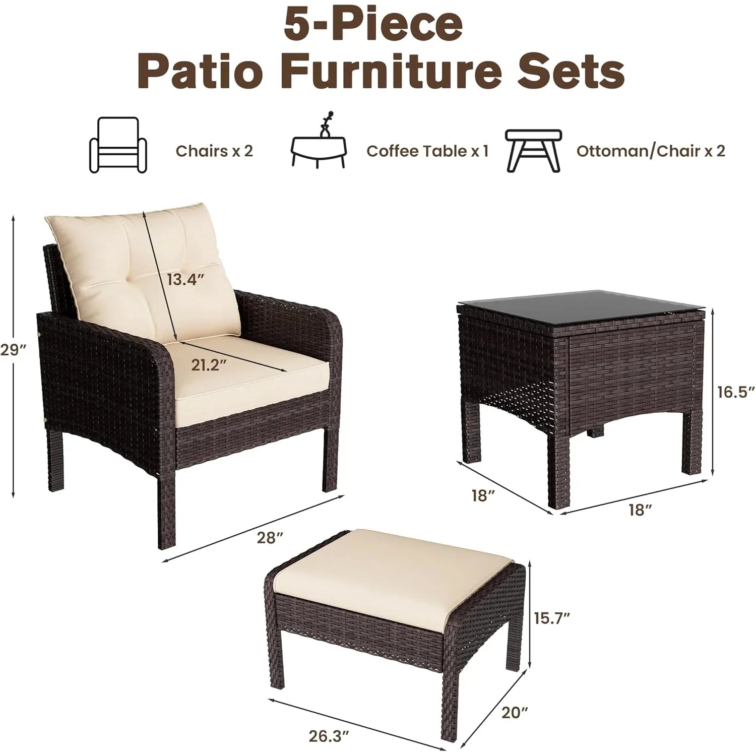 AECOJOY Outdoor 5 Pieces Patio Furniture Set, PE Rattan Wicker Chairs with Ottoman and Table, Brown/Beige