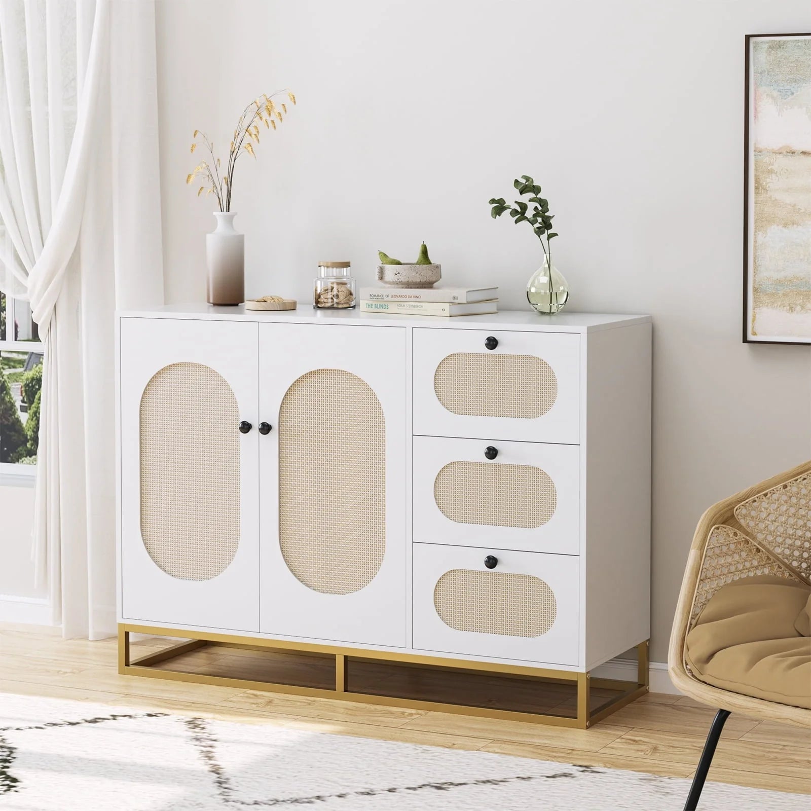 Homfa 3 Drawers Accent Storage Cabinet, 34.2"h Gold Buffet Sideboard with Rattan Doors for Living Room, White