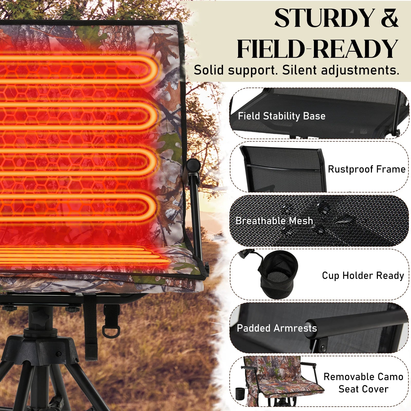 AECOJOY Heated Hunting Blind Chair, 360°Silent Swivel, Integrated Warm Seat System