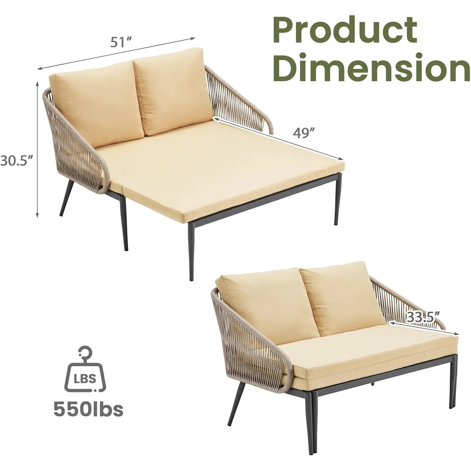 AECOJOY Outdoor Double Chaise Lounge Chair, Convertible Patio Loveseat Sofa Couch with Cushions