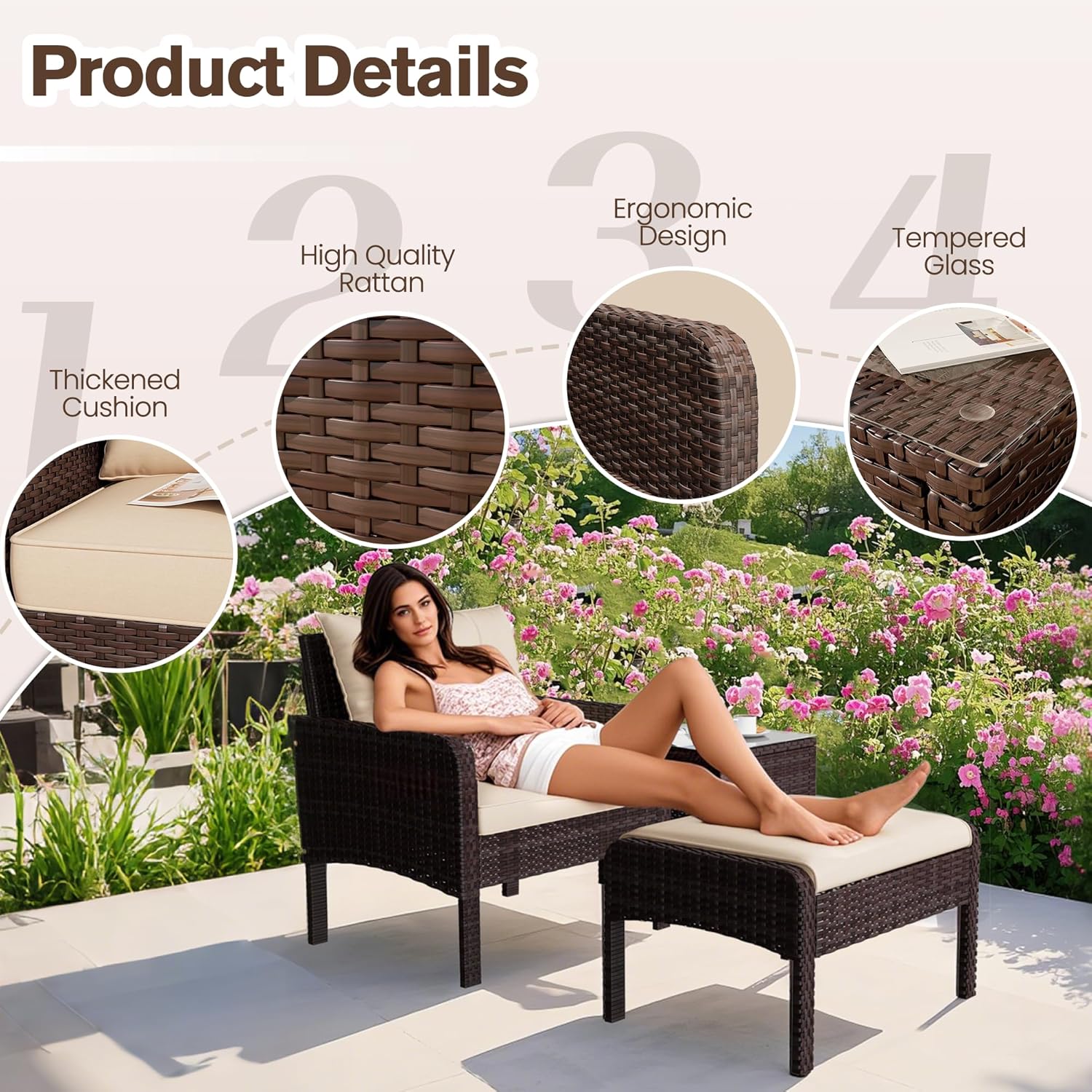 AECOJOY Outdoor 5 Pieces Patio Furniture Set, PE Rattan Wicker Chairs with Ottoman and Table, Brown/Beige