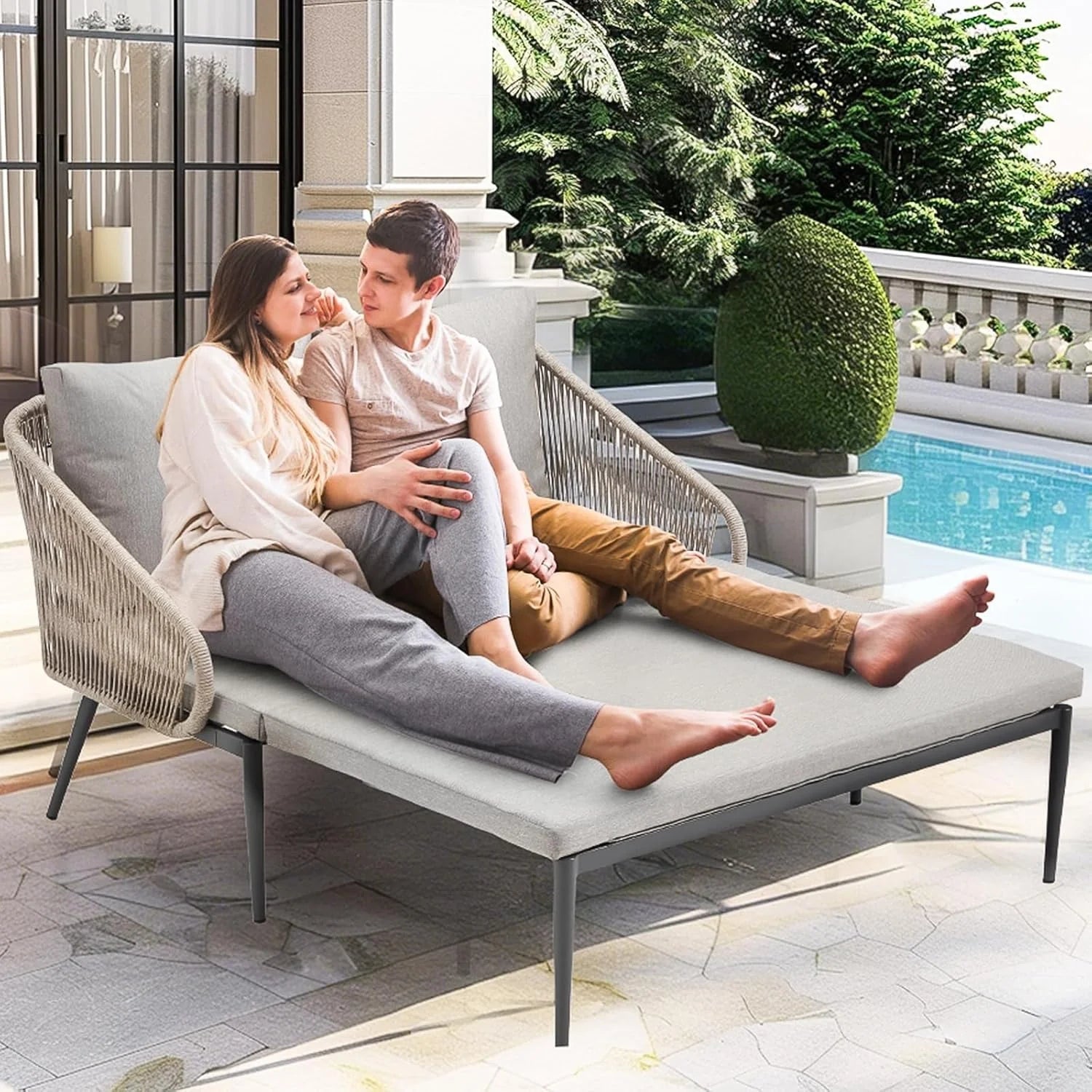 AECOJOY Outdoor Double Chaise Lounge Chair, Convertible Patio Loveseat Sofa Couch with Cushions